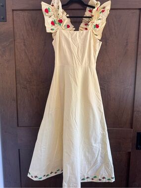 Fanm Mon Alanya Dress Butter Yellow with Red Floral Embroidery